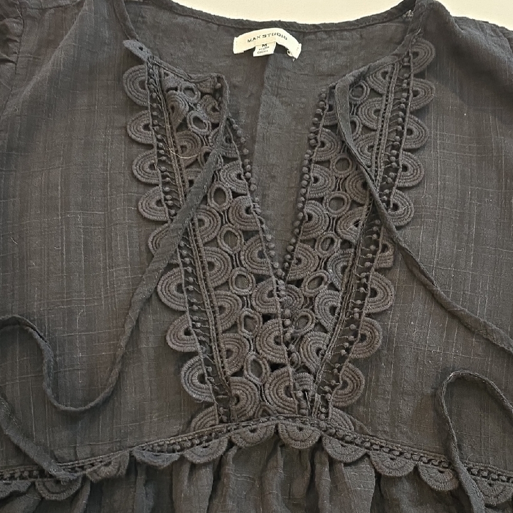 Max Studio Charcoal Lace-Trim Blouse